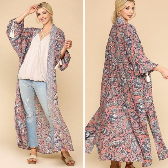 Boutique Sweaters - Mix-Printed Side Slit Drawstring Cuff Open Kimono Cardigan - Light Rose